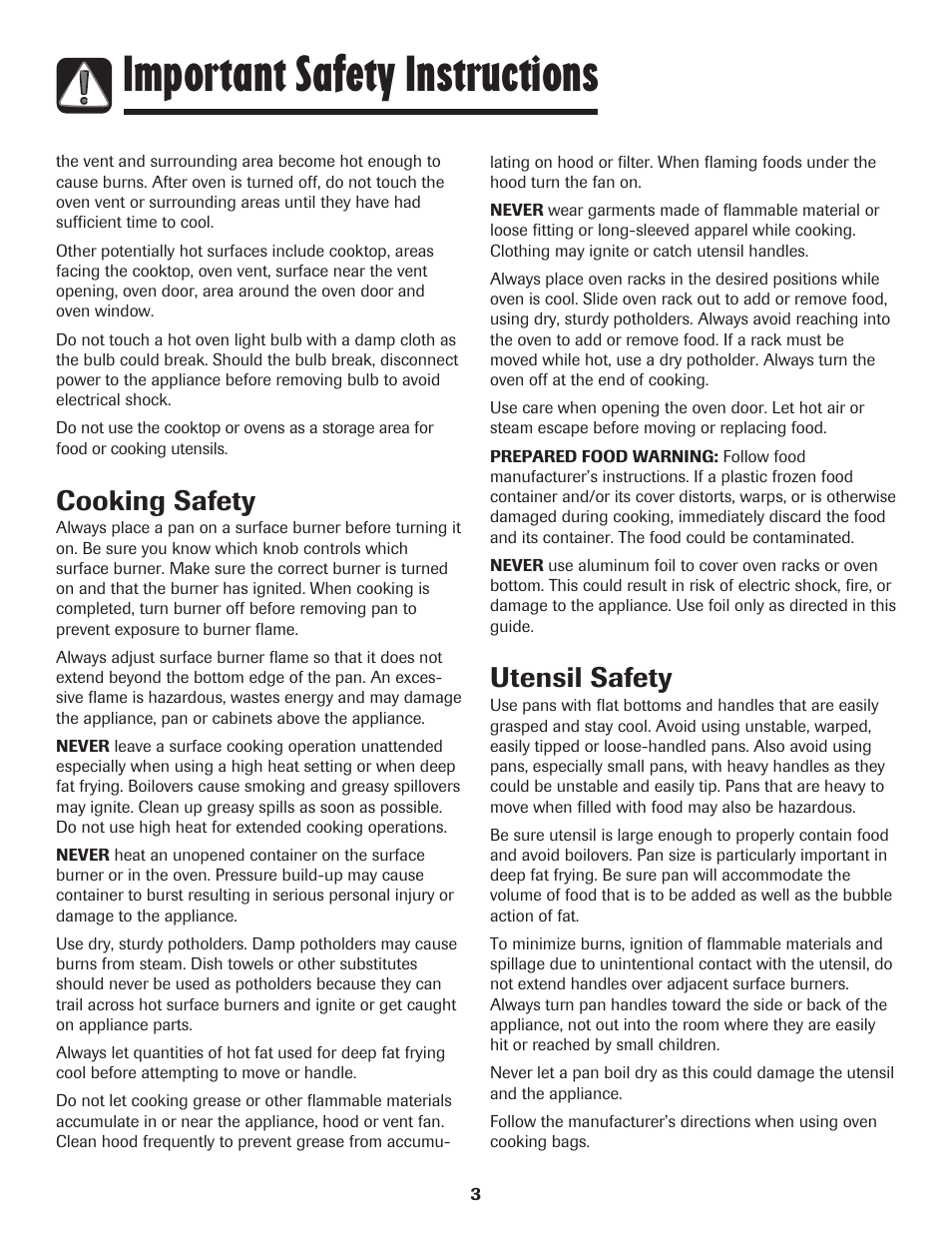 Important safety instructions, Cooking safety, Utensil safety | Magic Chef 500 User Manual | Page 4 / 80