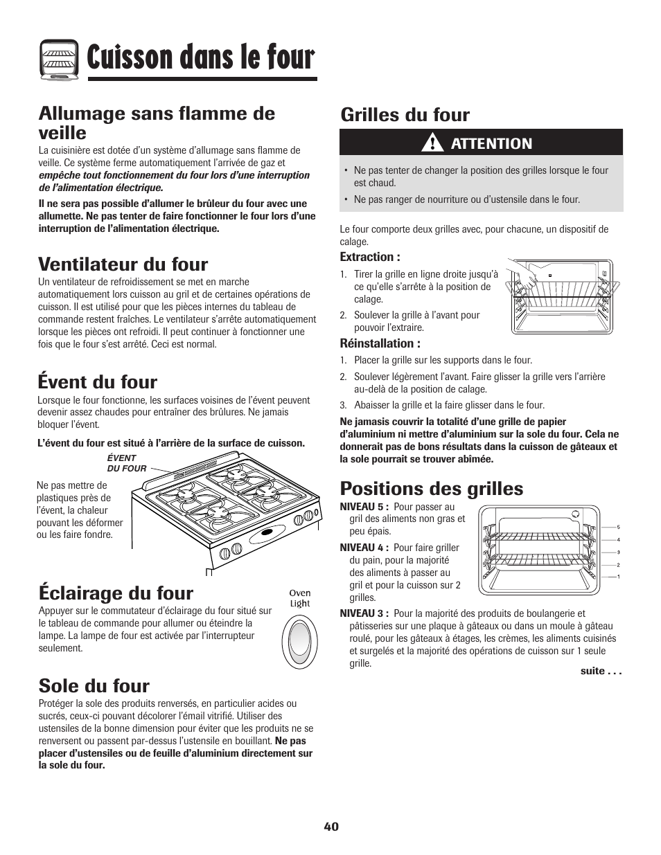 Cuisson dans le four, Éclairage du four, Sole du four | Positions des grilles, Allumage sans flamme de veille, Grilles du four, Ventilateur du four, Évent du four | Magic Chef 500 User Manual | Page 41 / 80