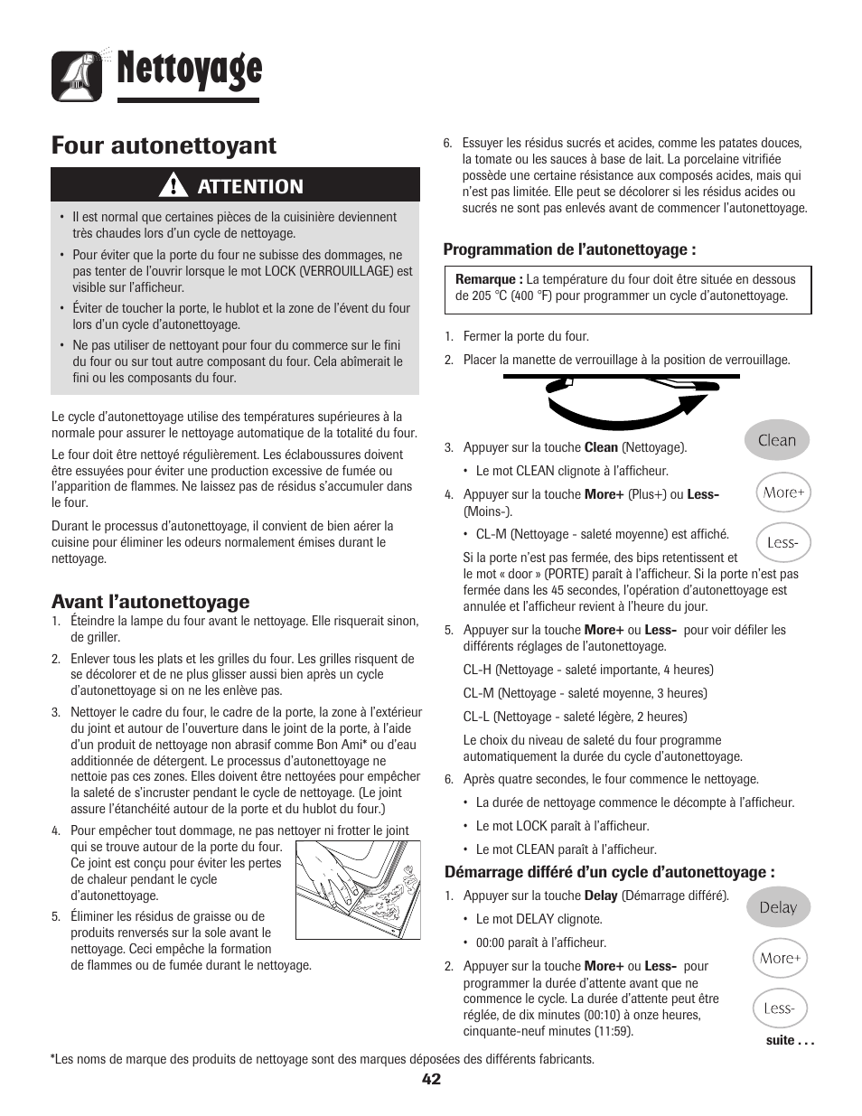 Nettoyage, Four autonettoyant, Attention | Avant l’autonettoyage | Magic Chef 500 User Manual | Page 43 / 80