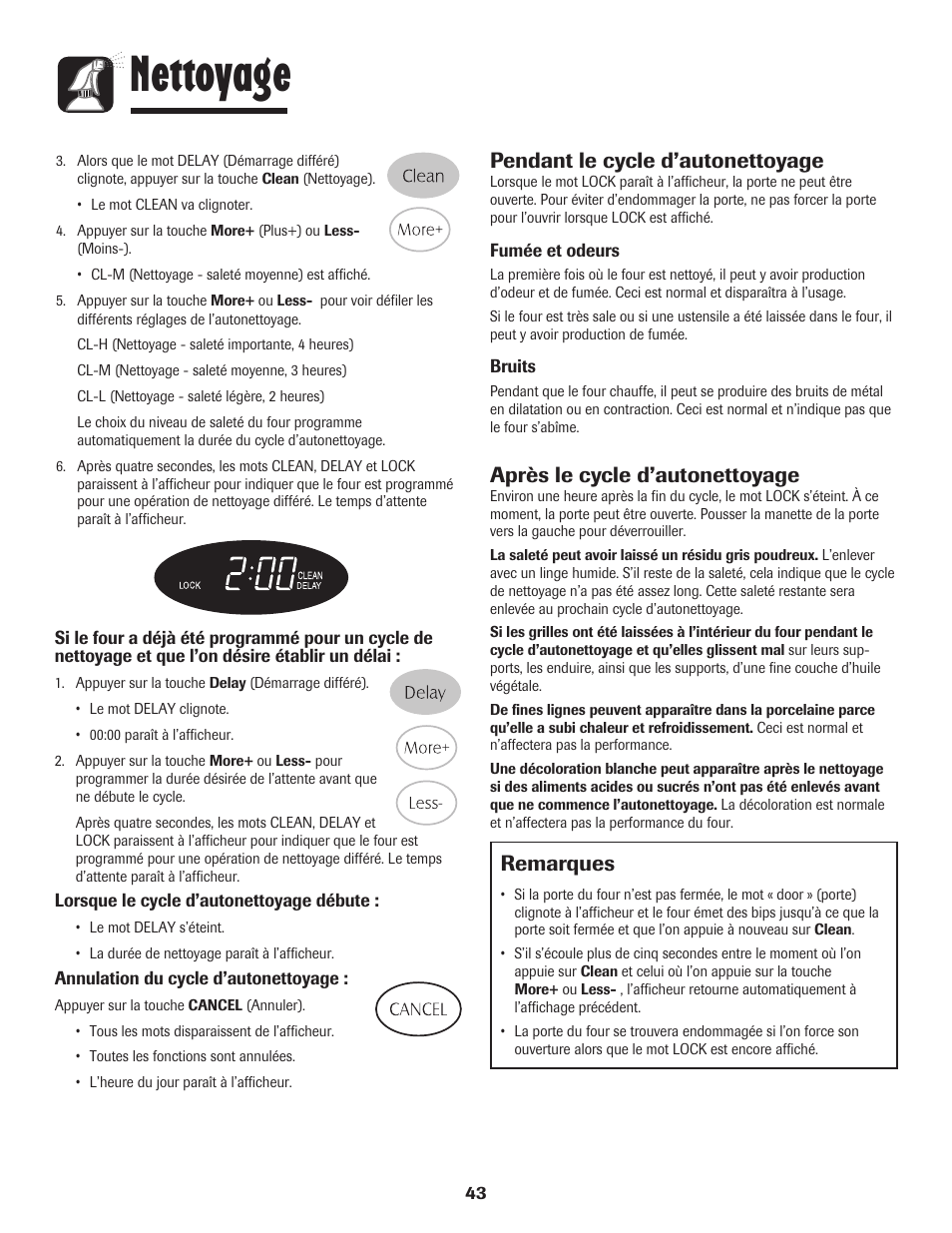Nettoyage, Remarques, Pendant le cycle d’autonettoyage | Après le cycle d’autonettoyage | Magic Chef 500 User Manual | Page 44 / 80