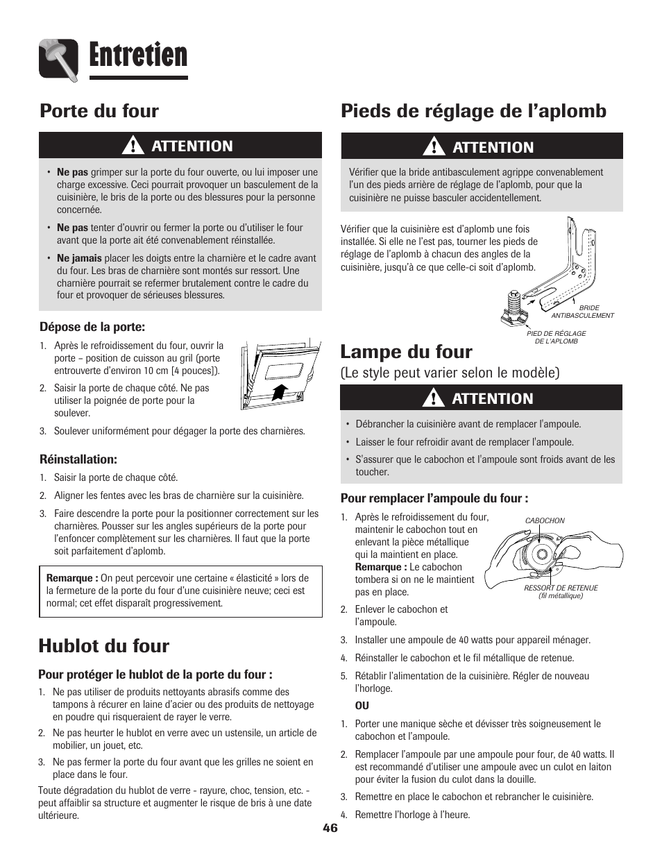 Entretien, Hublot du four, Pieds de réglage de l’aplomb | Porte du four, Lampe du four, Attention, Le style peut varier selon le modèle) attention | Magic Chef 500 User Manual | Page 47 / 80