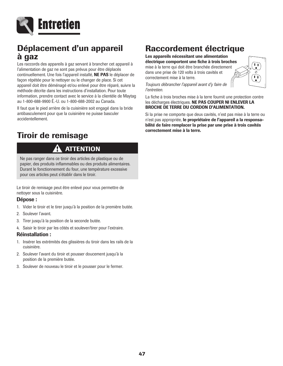 Entretien, Tiroir de remisage déplacement d’un appareil à gaz, Raccordement électrique | Magic Chef 500 User Manual | Page 48 / 80