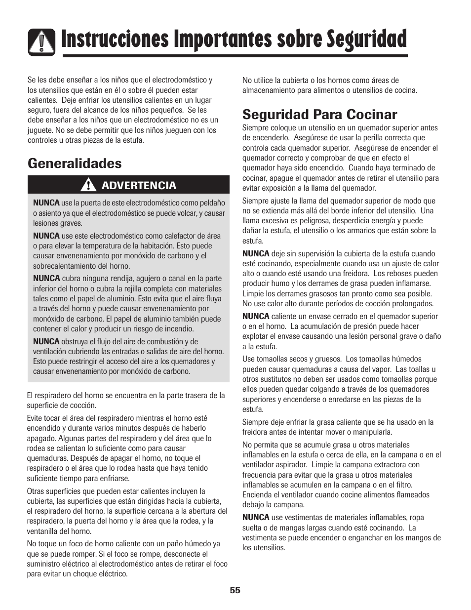 Instrucciones importantes sobre seguridad, Generalidades seguridad para cocinar | Magic Chef 500 User Manual | Page 56 / 80