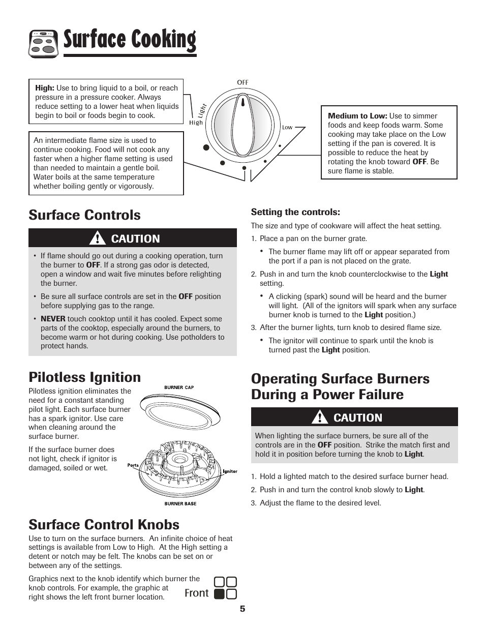 Surface cooking, Surface controls pilotless ignition | Magic Chef 500 User Manual | Page 6 / 80
