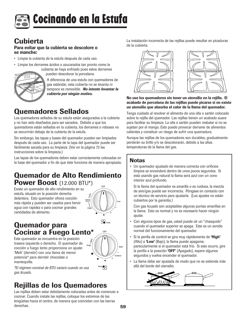 Cocinando en la estufa, Cubierta, Quemadores sellados | Quemador de alto rendimiento power boost, Quemador para cocinar a fuego lento, Rejillas de los quemadores | Magic Chef 500 User Manual | Page 60 / 80