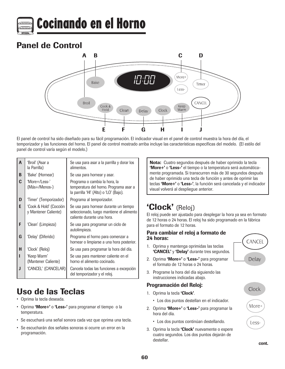 Cocinando en el horno, Panel de control, Clock | Uso de las teclas, Reloj) | Magic Chef 500 User Manual | Page 61 / 80