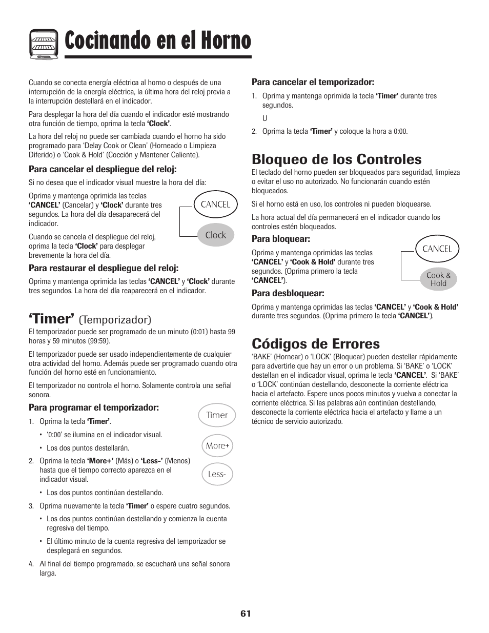 Cocinando en el horno, Timer, Bloqueo de los controles | Códigos de errores, Temporizador) | Magic Chef 500 User Manual | Page 62 / 80
