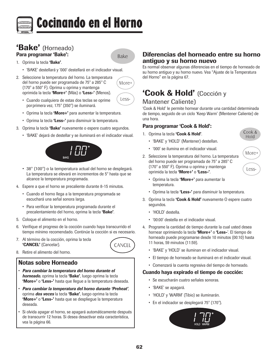 Cocinando en el horno, Bake, Cook & hold | Notas sobre horneado, Horneado), Cocción y mantener caliente) | Magic Chef 500 User Manual | Page 63 / 80
