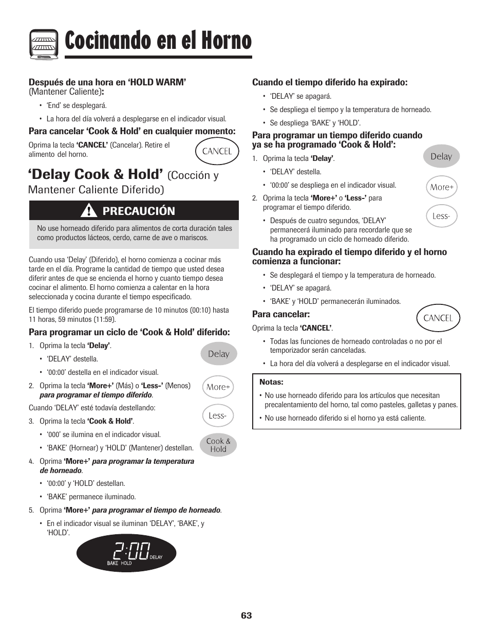 Cocinando en el horno, Delay cook & hold, Cocción y mantener caliente diferido) | Precaución | Magic Chef 500 User Manual | Page 64 / 80