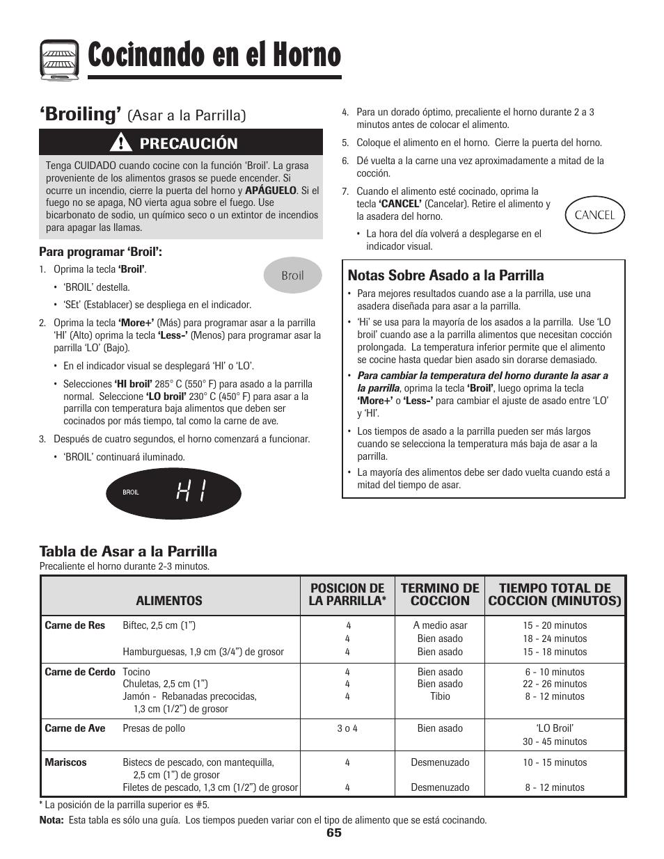Cocinando en el horno, Broiling, Tabla de asar a la parrilla | Precaución | Magic Chef 500 User Manual | Page 66 / 80