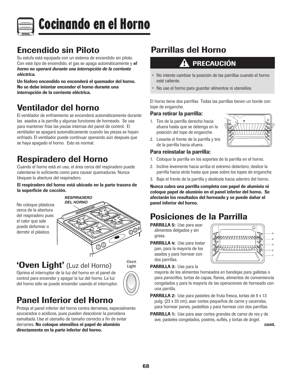 Cocinando en el horno, Oven light, Panel inferior del horno | Parrillas del horno, Posiciones de la parrilla, Encendido sin piloto, Ventilador del horno, Respiradero del horno | Magic Chef 500 User Manual | Page 69 / 80