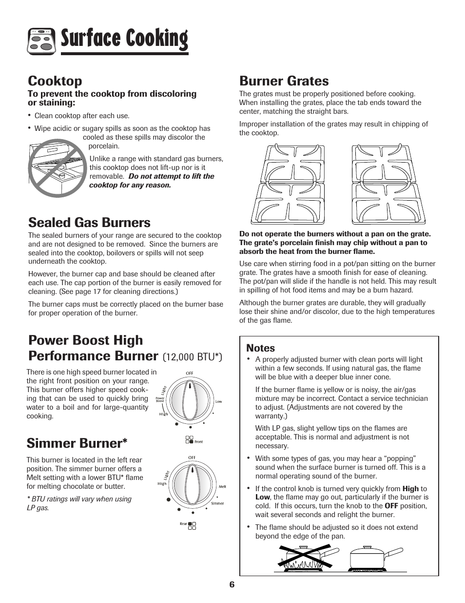 Surface cooking, Cooktop, Sealed gas burners | Power boost high performance burner, Burner grates, Simmer burner | Magic Chef 500 User Manual | Page 7 / 80