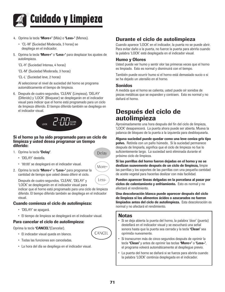 Cuidado y limpieza, Después del ciclo de autolimpieza, Notas | Durante el ciclo de autolimpieza | Magic Chef 500 User Manual | Page 72 / 80