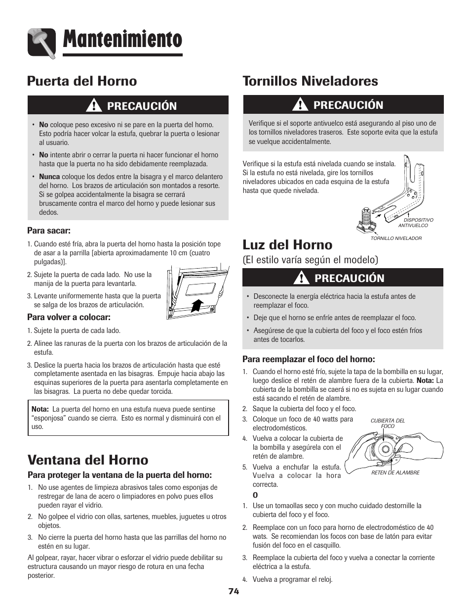 Mantenimiento, Ventana del horno, Tornillos niveladores | Puerta del horno, Luz del horno, Precaución, El estilo varía según el modelo) | Magic Chef 500 User Manual | Page 75 / 80