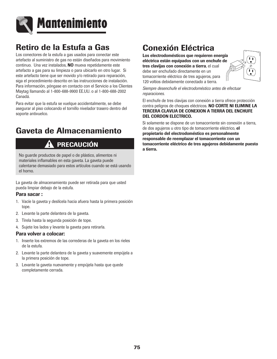 Mantenimiento, Gaveta de almacenamiento, Retiro de la estufa a gas | Conexión eléctrica | Magic Chef 500 User Manual | Page 76 / 80