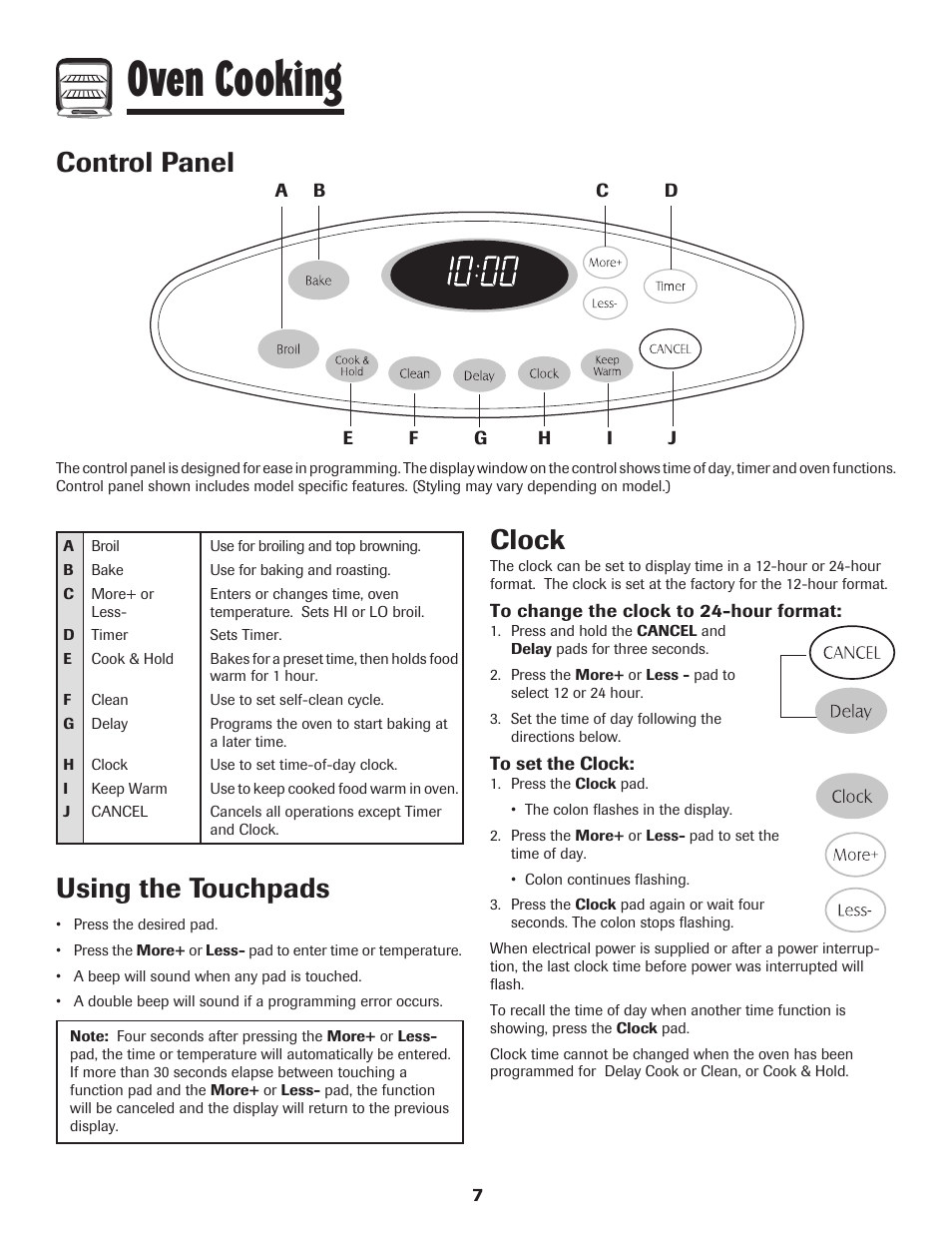Oven cooking, Control panel, Using the touchpads | Clock | Magic Chef 500 User Manual | Page 8 / 80