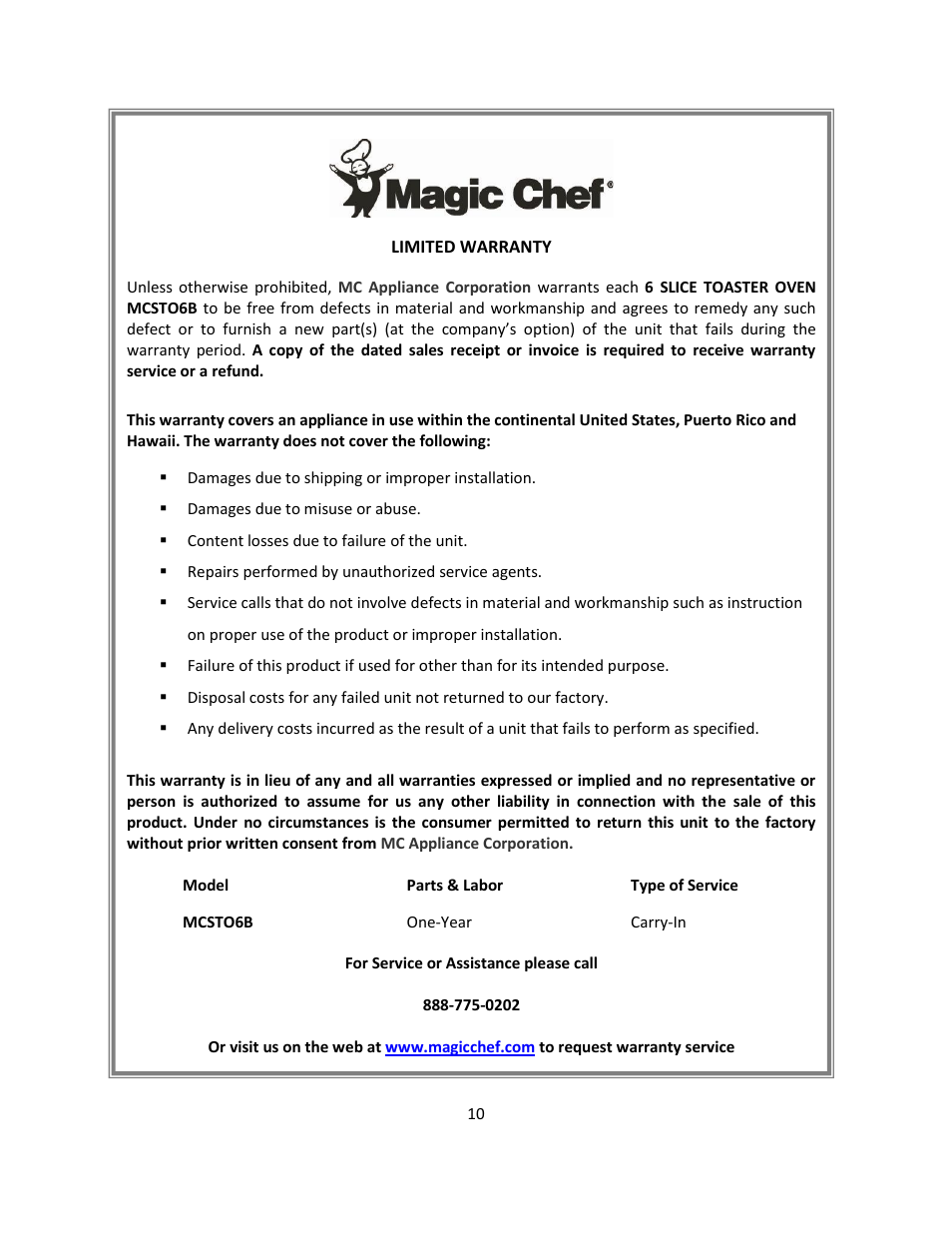 Magic Chef MCSTO6B User Manual | Page 10 / 10