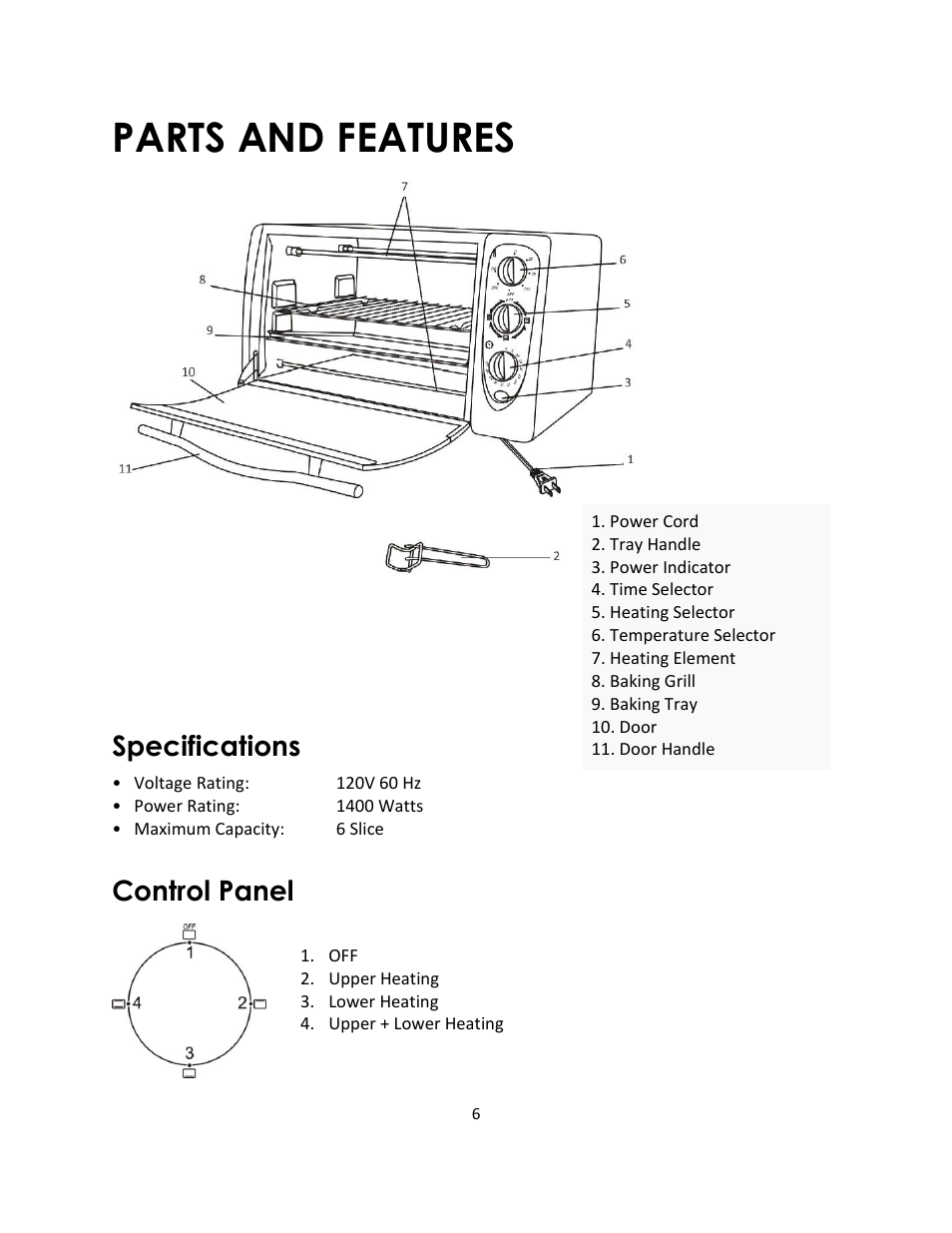 Parts and features, Specifications, Control panel | Magic Chef MCSTO6B User Manual | Page 6 / 10