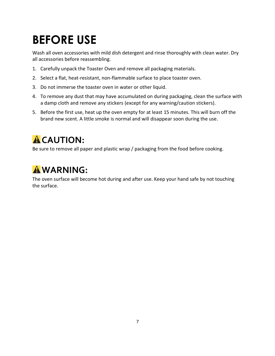 Before use, Caution, Warning | Magic Chef MCSTO6B User Manual | Page 7 / 10