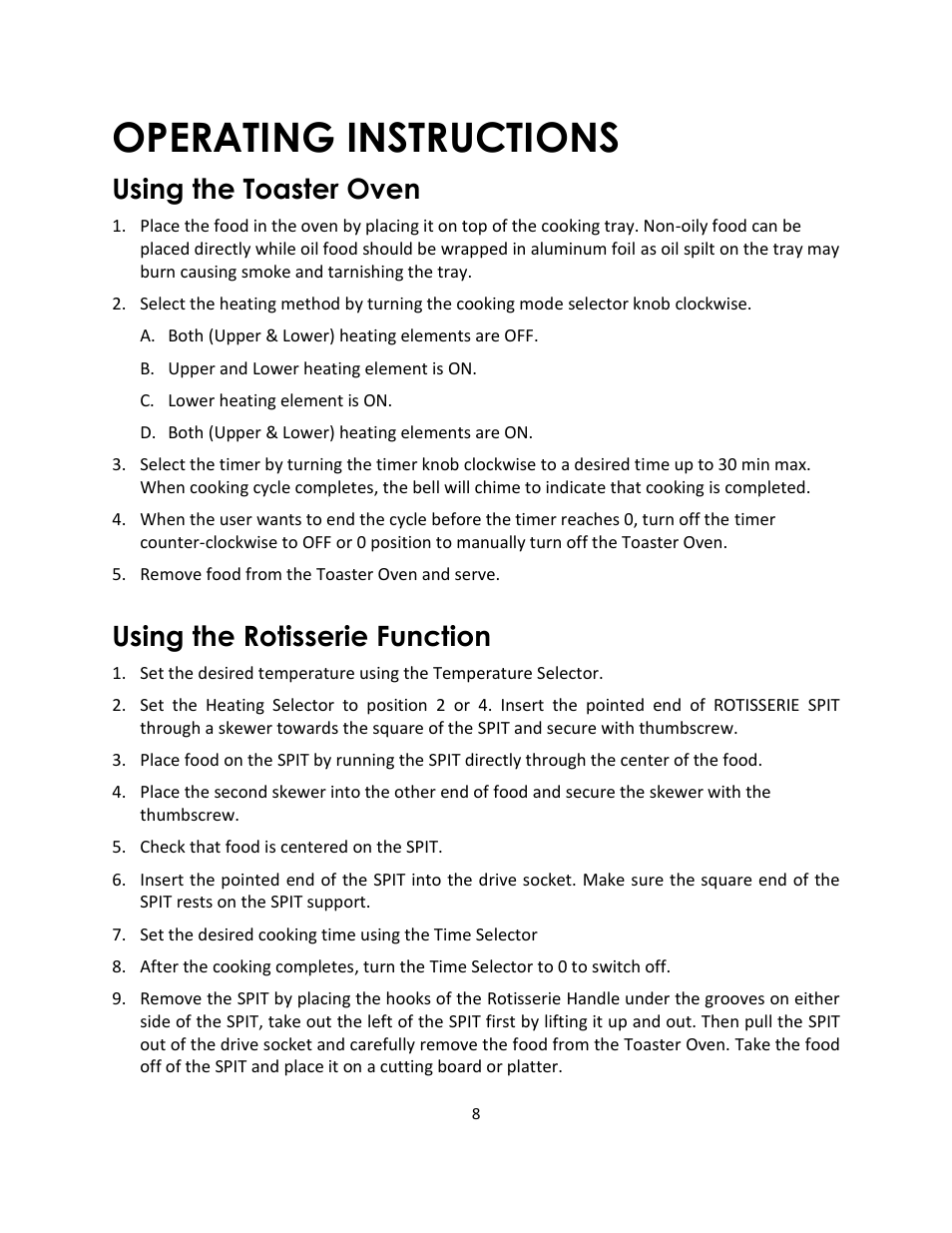 Operating instructions, Using the toaster oven, Using the rotisserie function | Magic Chef MCSTO6B User Manual | Page 8 / 10
