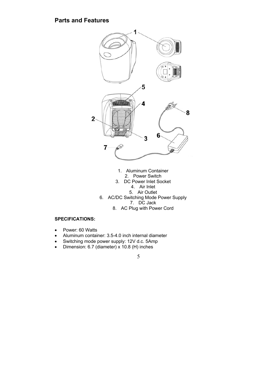 Parts and features | Magic Chef EWWC2SI User Manual | Page 5 / 7
