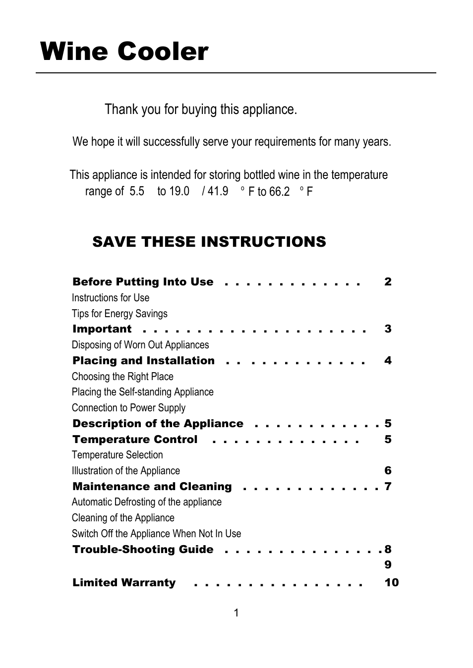Wine cooler, Save these instructions | Magic Chef MCWC16M User Manual | Page 2 / 10