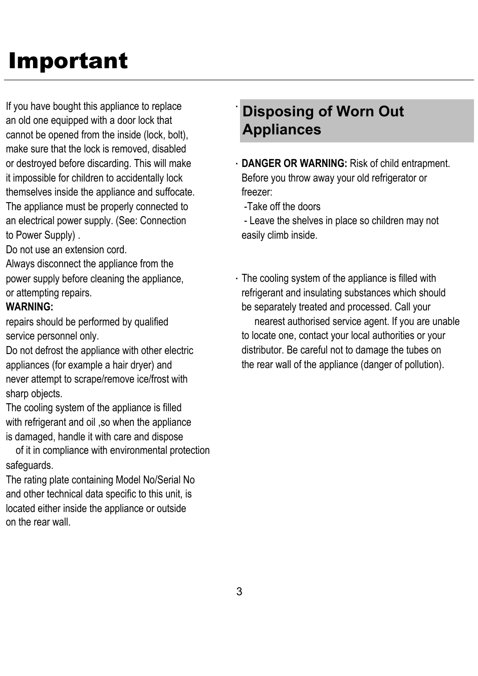 Important, Disposing of worn out appliances | Magic Chef MCWC16M User Manual | Page 4 / 10