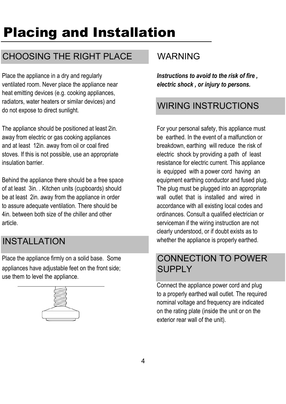 Placing and installation, Choosing the right place, Installation | Connection to power supply, Warning, Wiring instructions | Magic Chef MCWC16M User Manual | Page 5 / 10