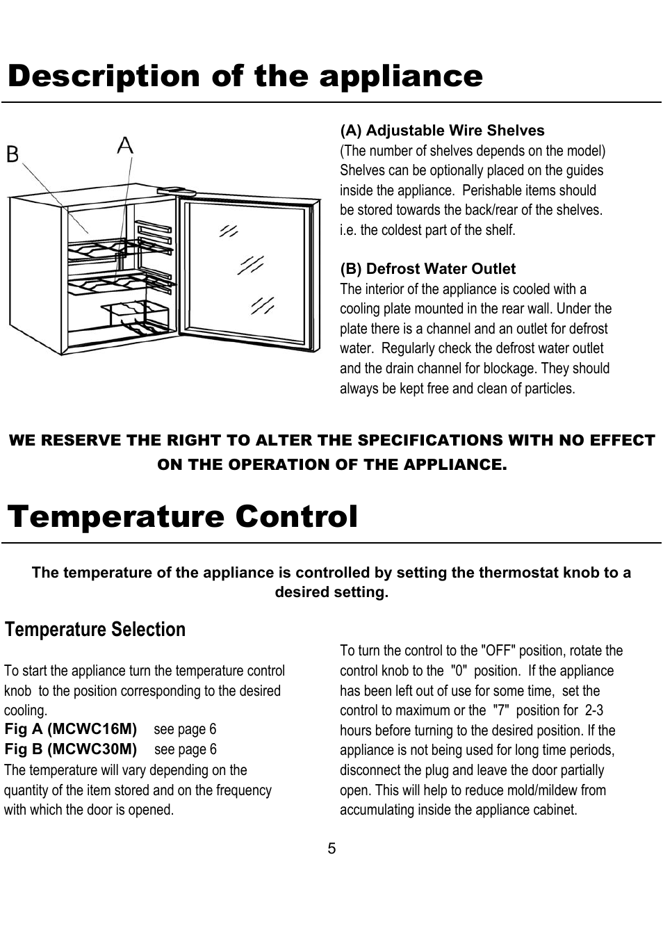 Temperature control, Description of the appliance, Temperature selection | Magic Chef MCWC16M User Manual | Page 6 / 10