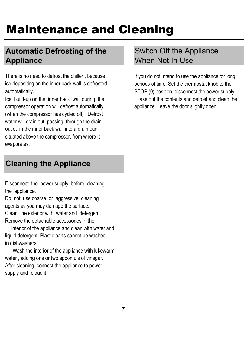 Maintenance and cleaning, Switch off the appliance when not in use, Automatic defrosting of the appliance | Cleaning the appliance | Magic Chef MCWC16M User Manual | Page 8 / 10