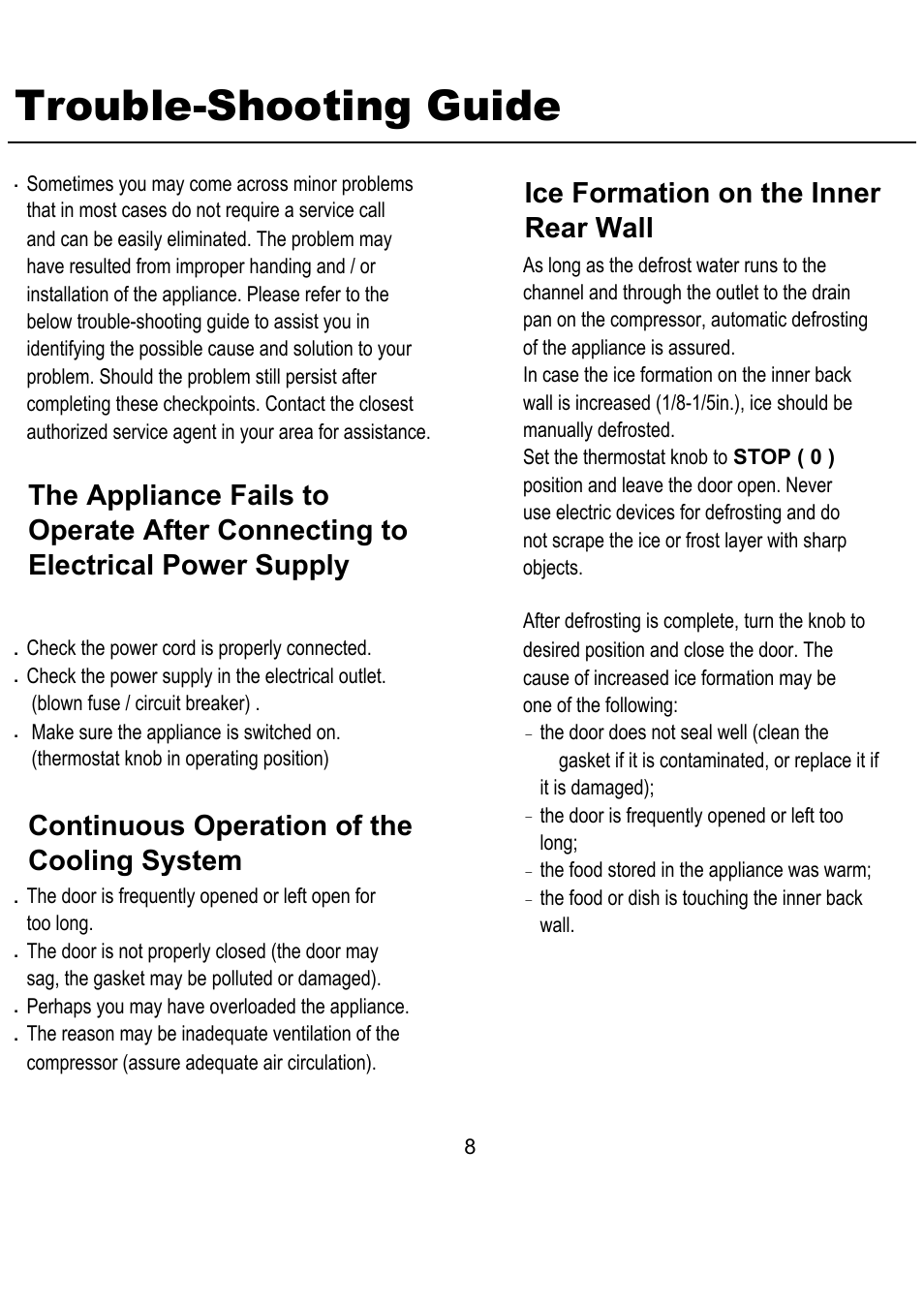 Trouble-shooting guide, Continuous operation of the cooling system, Ice formation on the inner rear wall | Magic Chef MCWC16M User Manual | Page 9 / 10