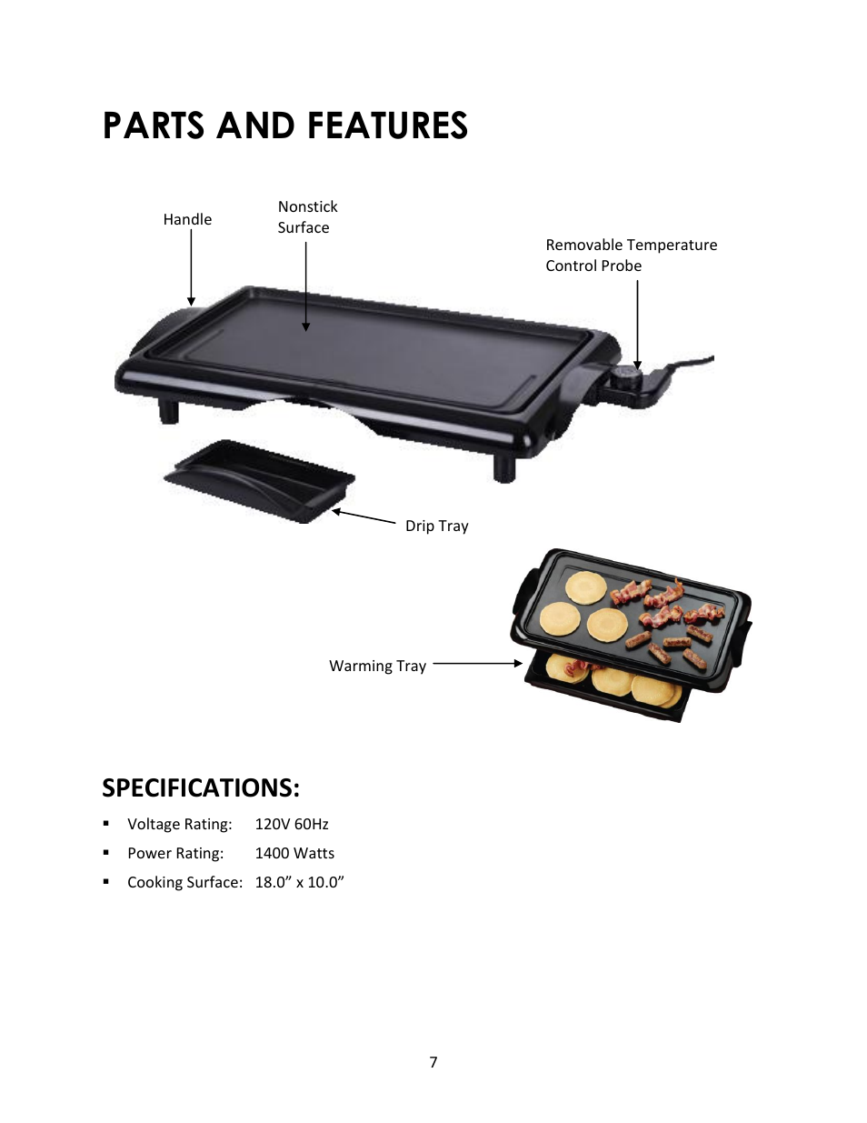 Parts and features, Specifications | Magic Chef MCSG19B1 User Manual | Page 7 / 10