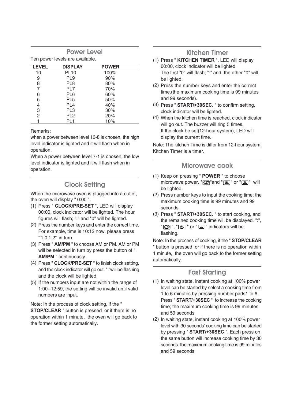 Power level, Clock setting, Kitchen timer microwave cook fast starting | Magic Chef MCM1110ST User Manual | Page 9 / 18