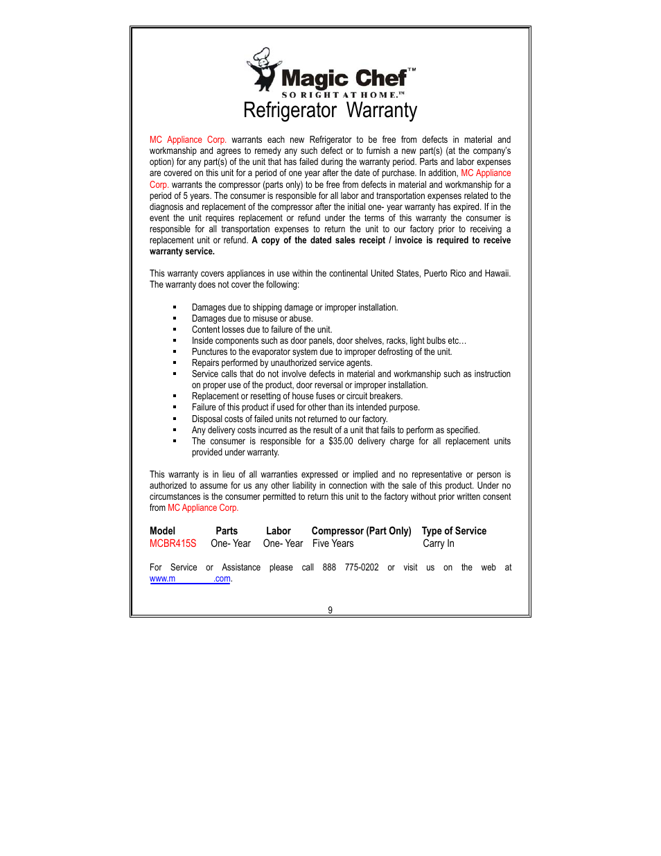 Refrigerator warranty | Magic Chef MCBR415S User Manual | Page 10 / 10