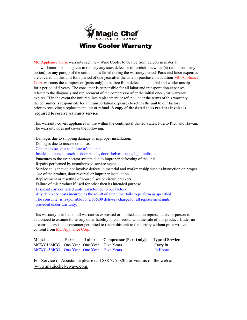 Wine cooler warranty | Magic Chef MCWC45MCG User Manual | Page 12 / 12