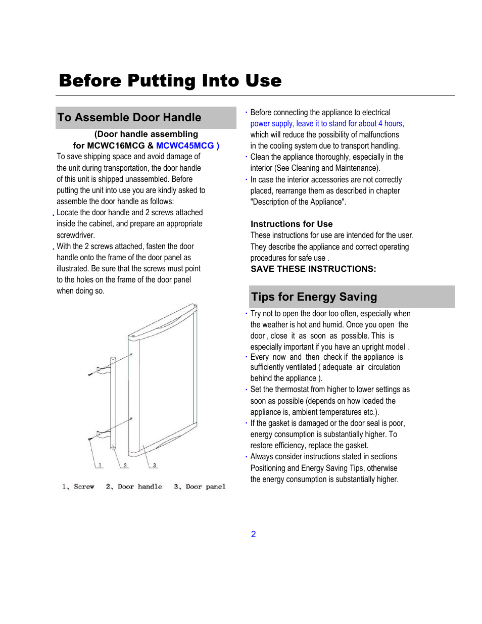 Before putting into use, Tips for energy saving | Magic Chef MCWC45MCG User Manual | Page 3 / 12