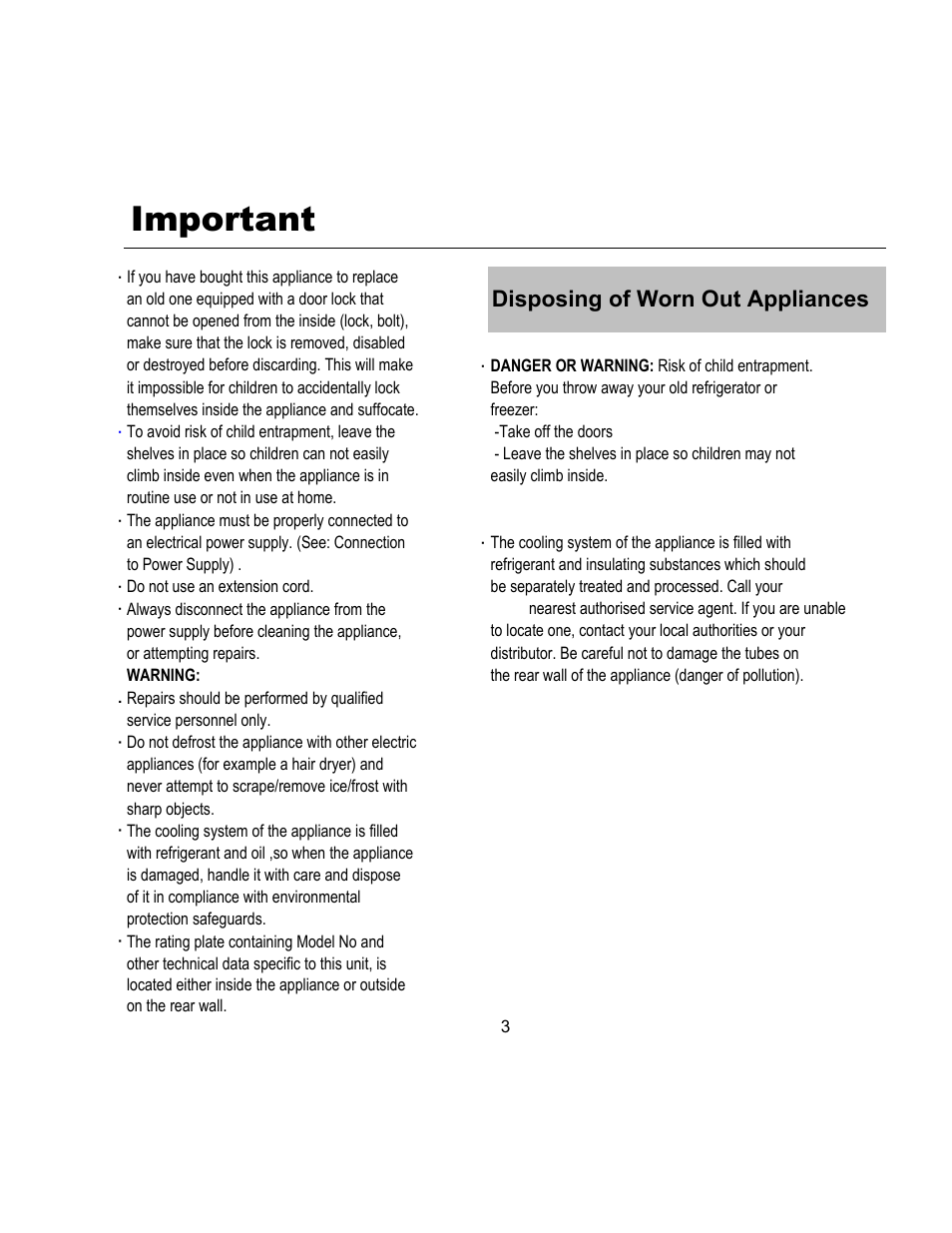 Important, Disposing of worn out appliances | Magic Chef MCWC45MCG User Manual | Page 4 / 12