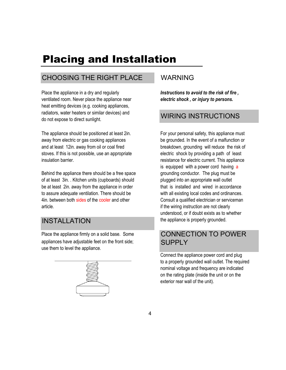 Placing and installation, Warning, Wiring instructions | Installation, Connection to power supply, Choosing the right place | Magic Chef MCWC45MCG User Manual | Page 5 / 12