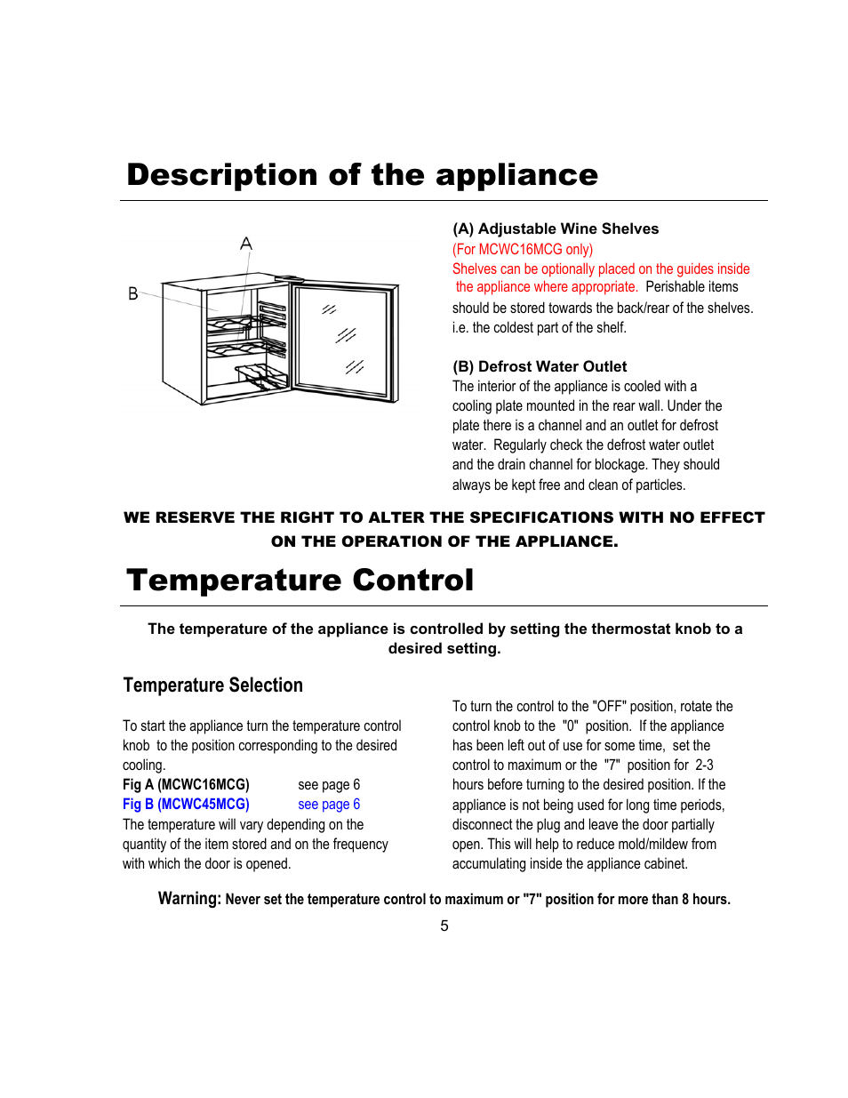Description of the appliance, Temperature control, Temperature selection | Magic Chef MCWC45MCG User Manual | Page 6 / 12
