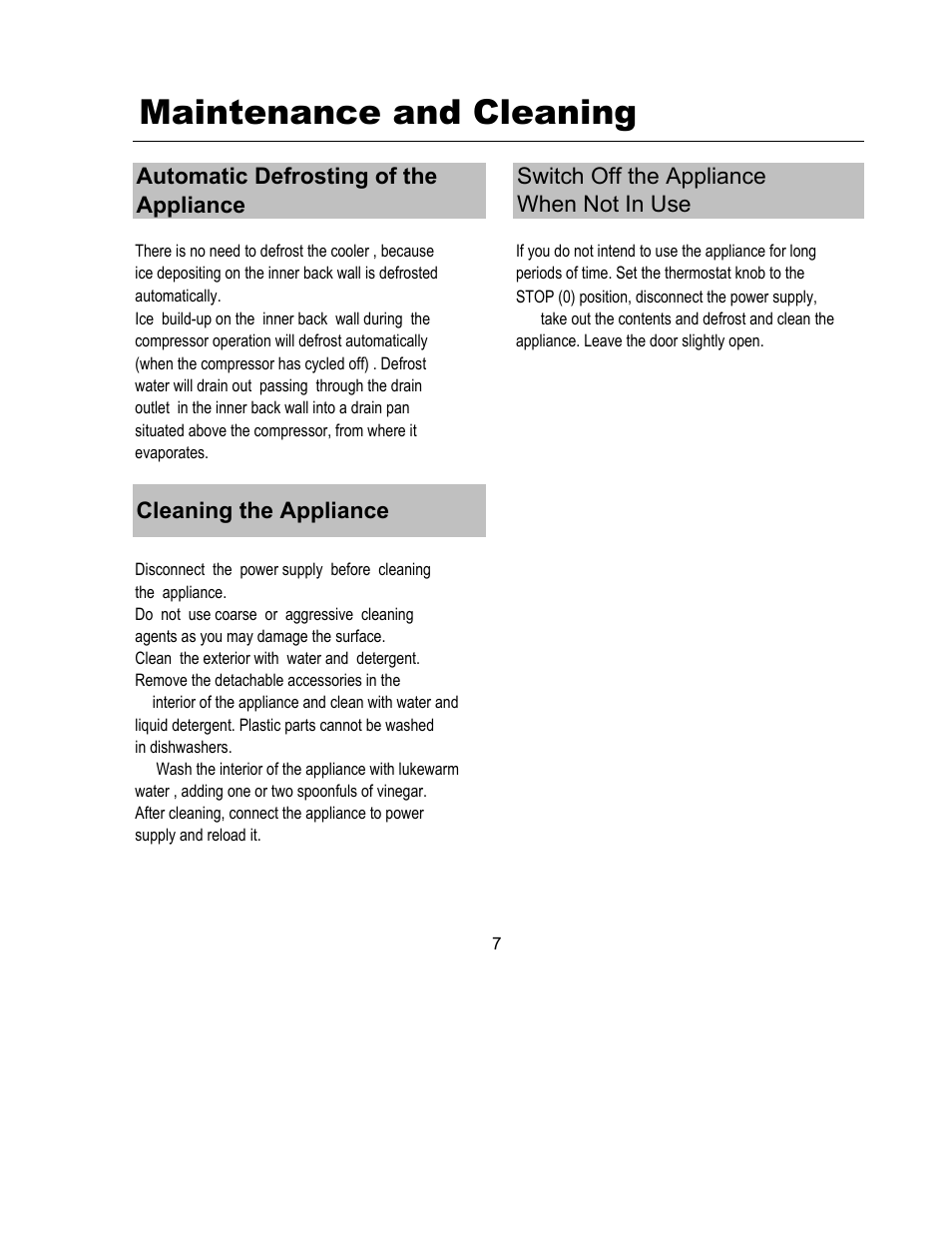 Maintenance and cleaning, Switch off the appliance when not in use, Automatic defrosting of the appliance | Cleaning the appliance | Magic Chef MCWC45MCG User Manual | Page 8 / 12