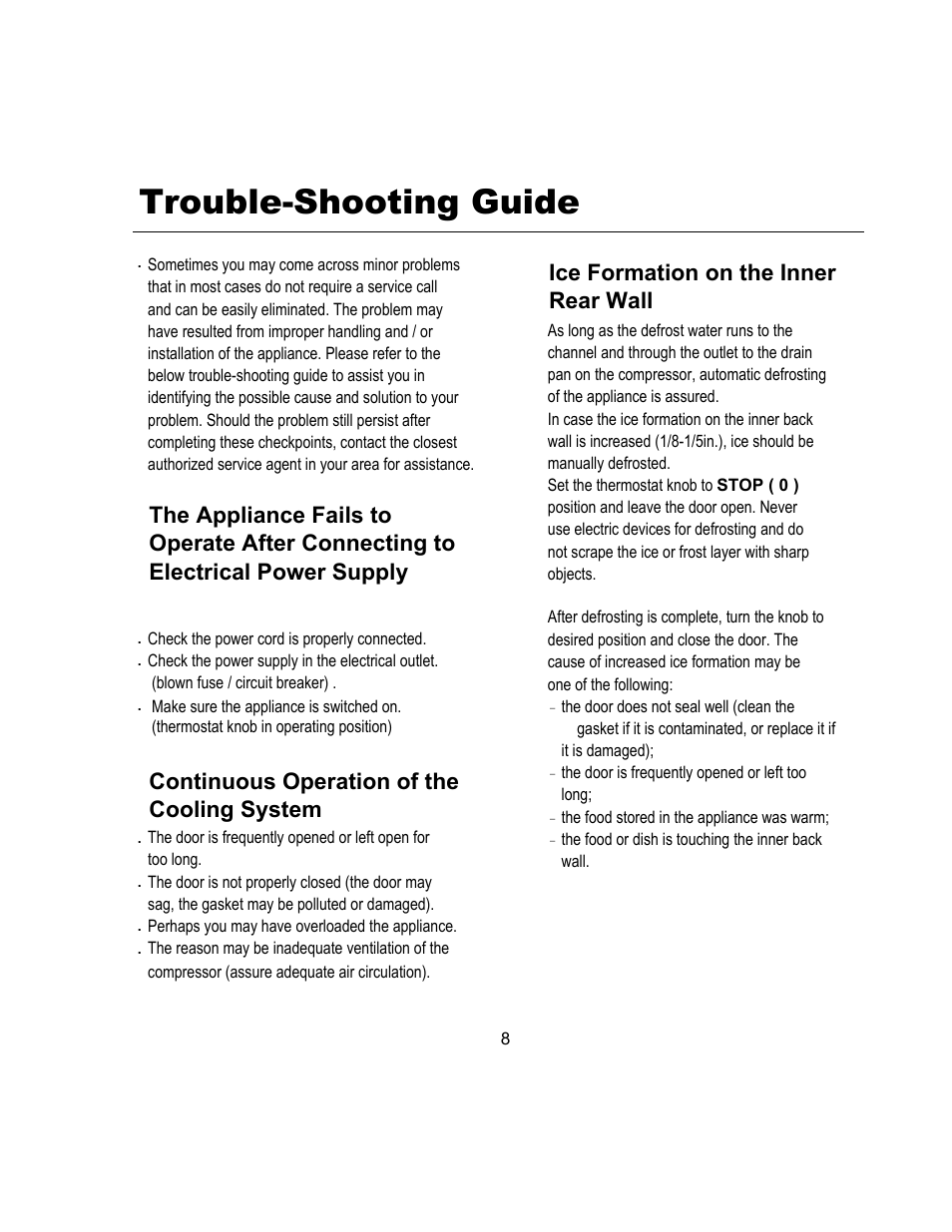 Trouble-shooting guide, Ice formation on the inner rear wall, Continuous operation of the cooling system | Magic Chef MCWC45MCG User Manual | Page 9 / 12