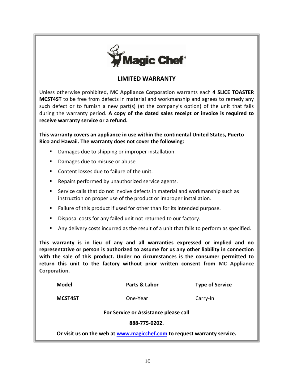 Magic Chef 4 SLICE MCST4ST User Manual | Page 10 / 10