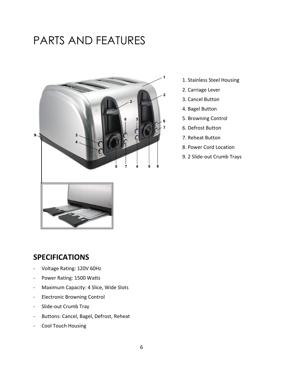Parts and features, Specifications | Magic Chef 4 SLICE MCST4ST User Manual | Page 6 / 10
