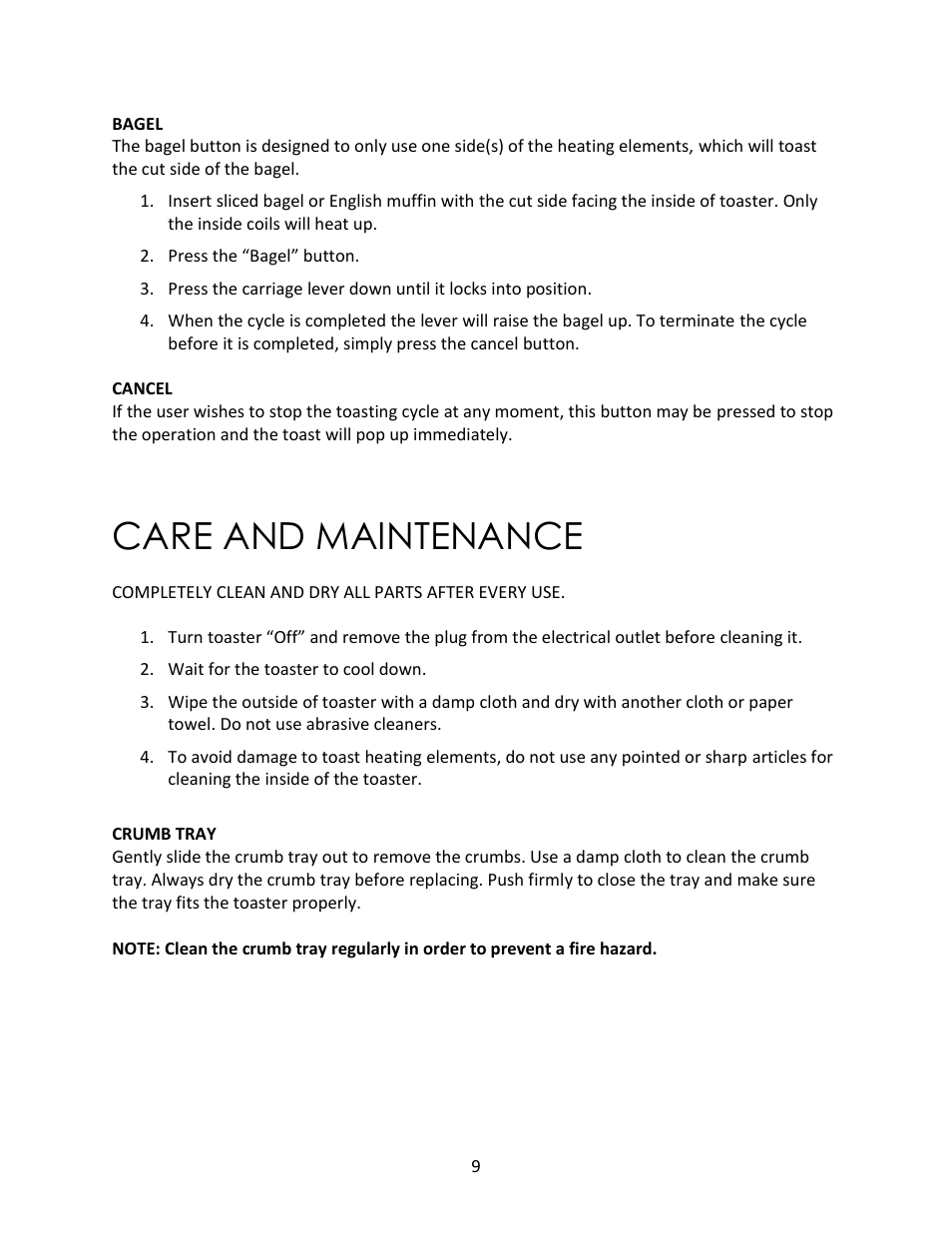 Care and maintenance | Magic Chef 4 SLICE MCST4ST User Manual | Page 9 / 10