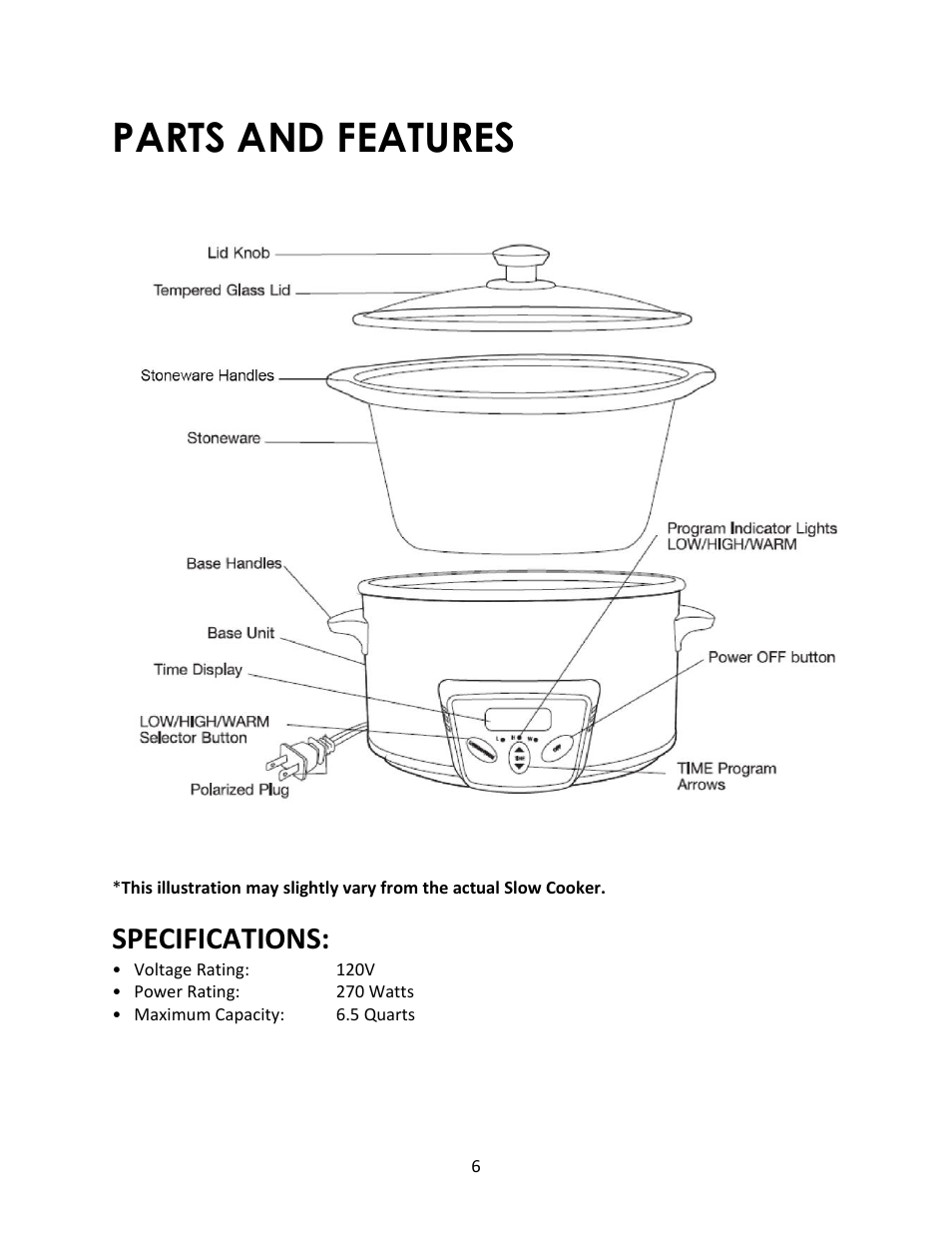 Parts and features, Specifications | Magic Chef MCSSC6PST User Manual | Page 6 / 11