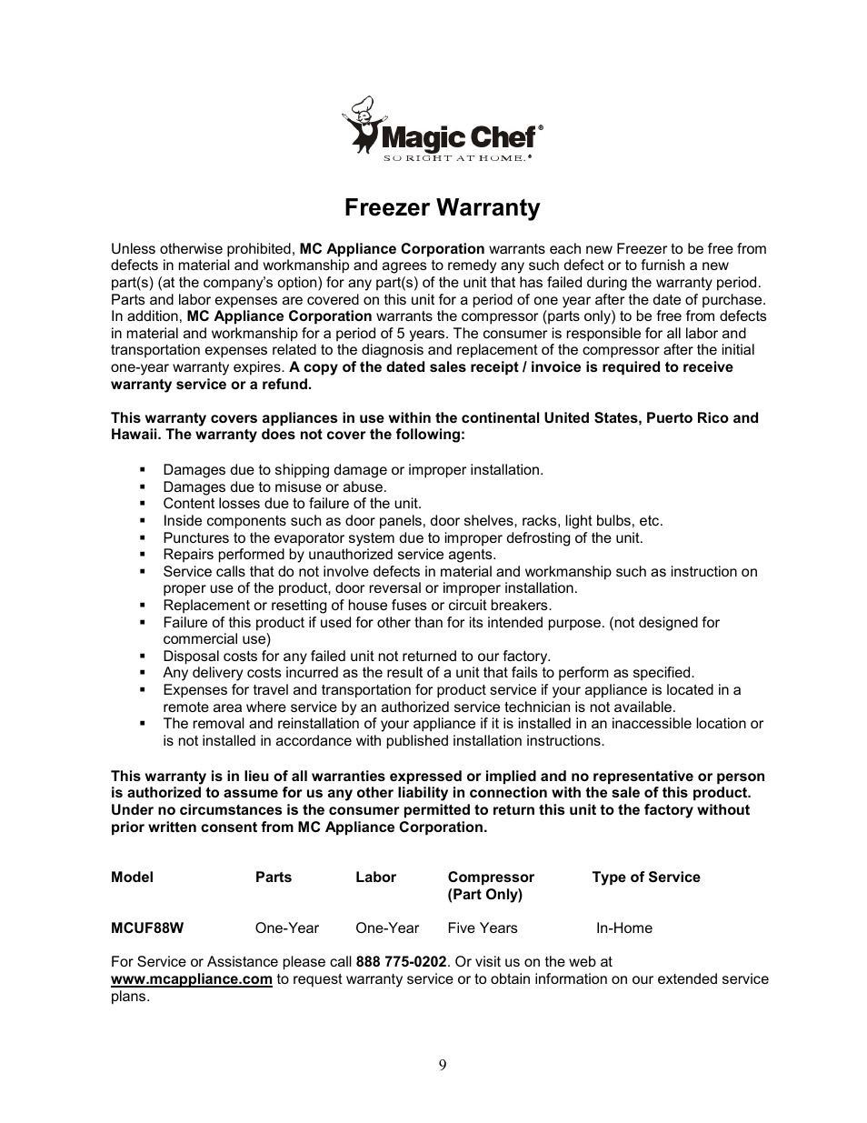 Freezer warranty | Magic Chef MCUF88W User Manual | Page 10 / 10
