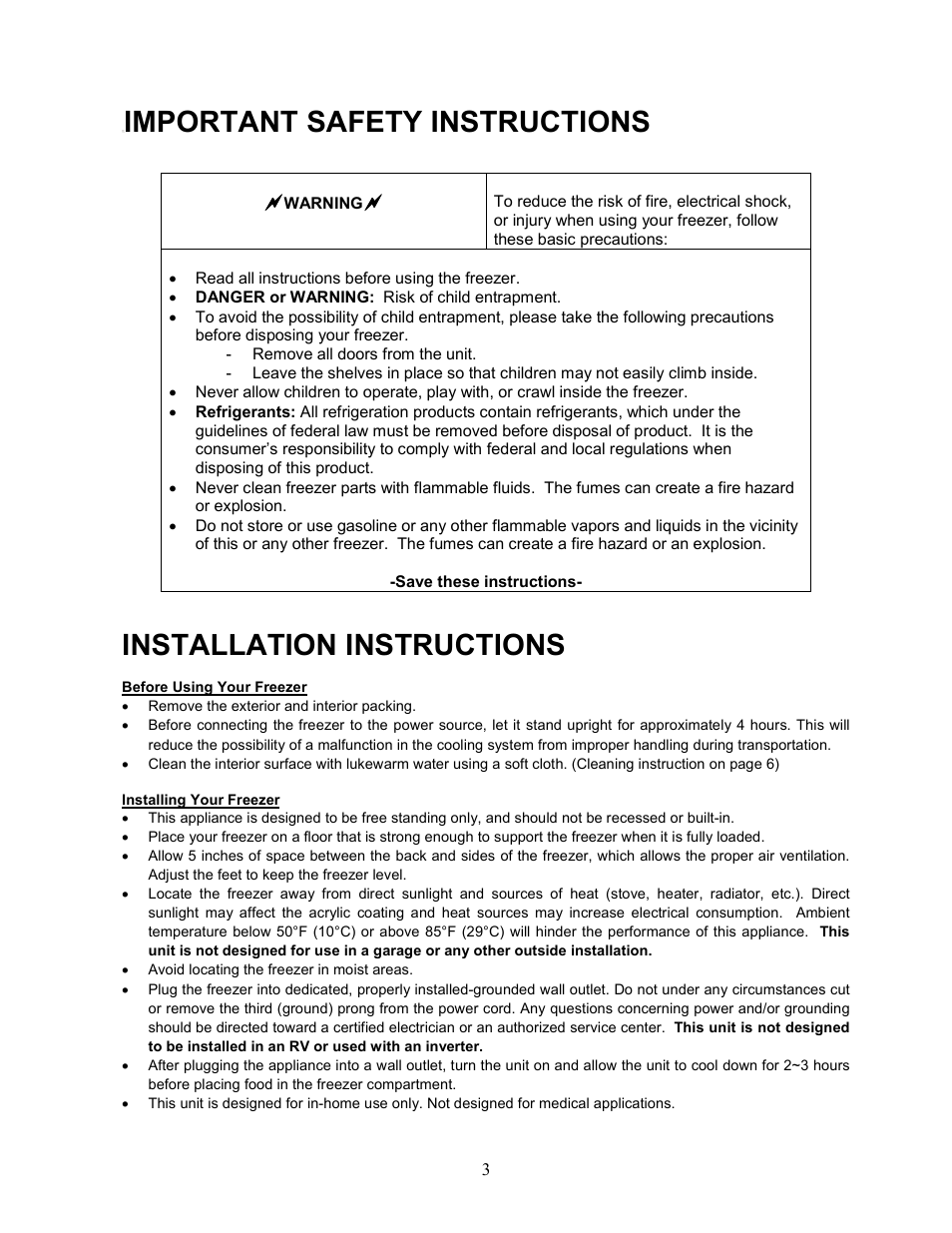 Important safety instructions, Installation instructions | Magic Chef MCUF88W User Manual | Page 4 / 10