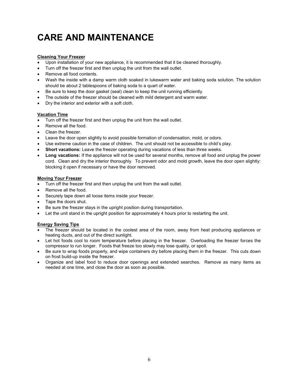 Care and maintenance | Magic Chef MCUF88W User Manual | Page 7 / 10