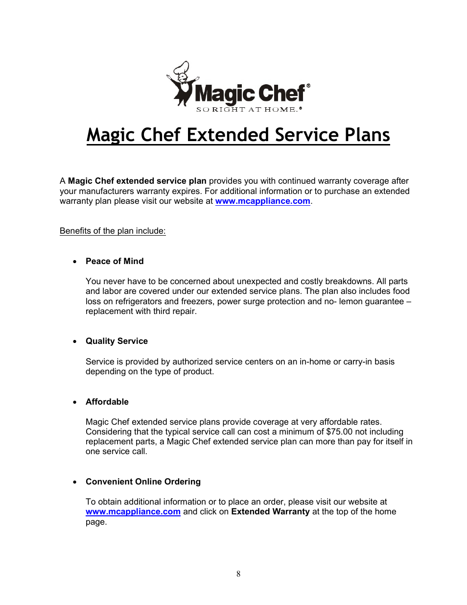 Magic chef extended service plans | Magic Chef MCUF88W User Manual | Page 9 / 10
