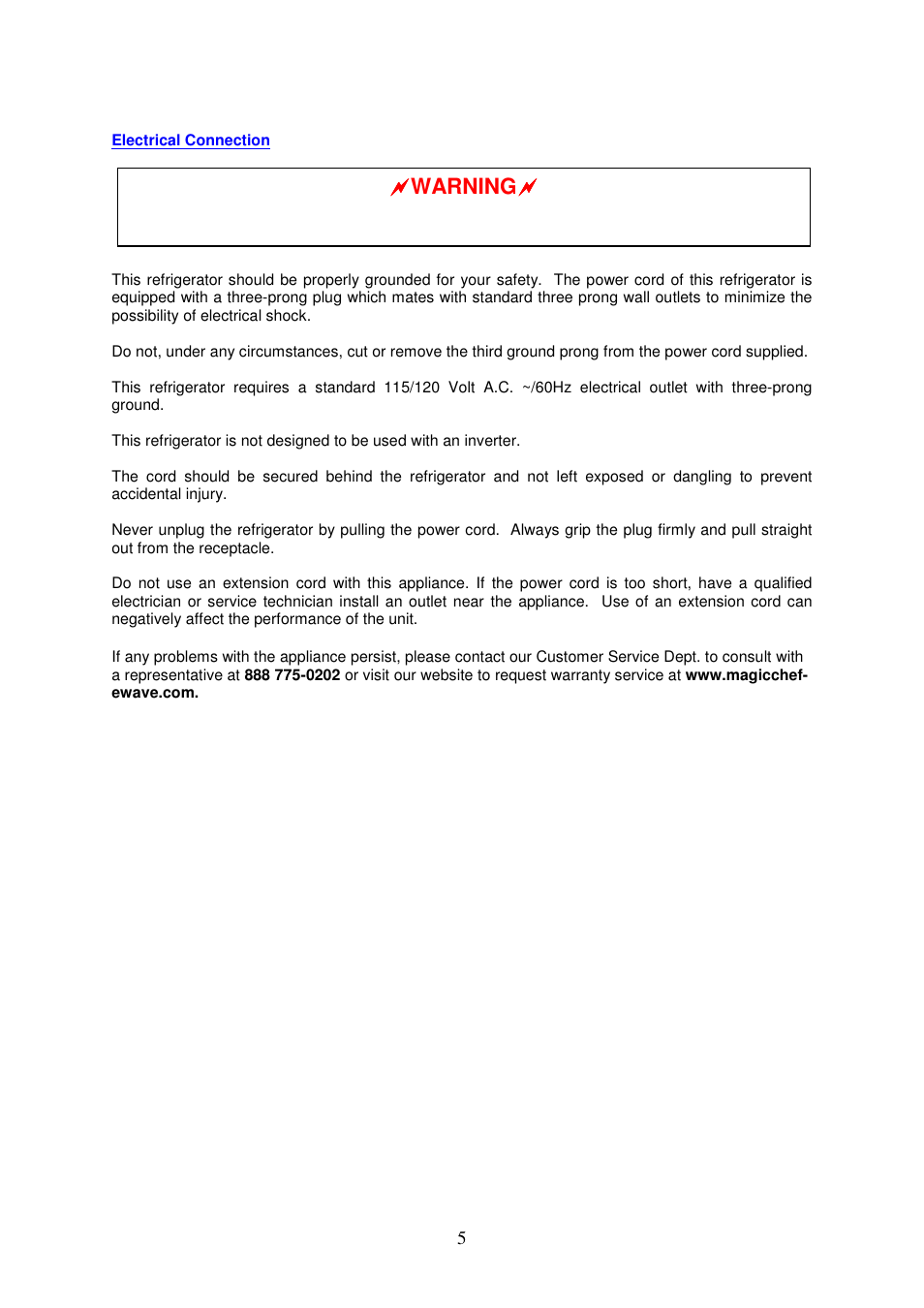 Warning | Magic Chef MCBR1010S User Manual | Page 6 / 12